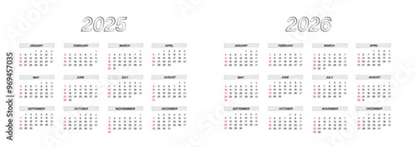 Fototapeta calendar 2025, 2026 year, week starts on sunday corporate planner template vector editable. Business calendar Yearly organizer in minimalist style for 2025, 2026 design. Landscape orientation