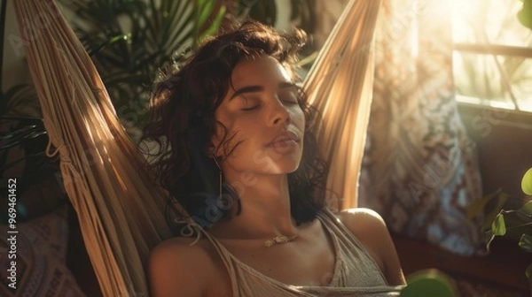 Fototapeta A young woman relaxes in a hammock surrounded by lush green plants and warm sunlight, enjoying a peaceful moment of calm and tranquility.
