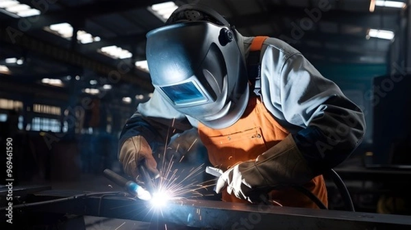 Fototapeta Welder in Safety Gear Working on Metal Fabrication in Factory