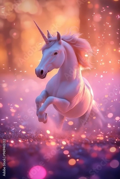 Fototapeta Mystical unicorn in a blooming pink cherry blossom forest. Enchanting fairytale scene with magical realism.