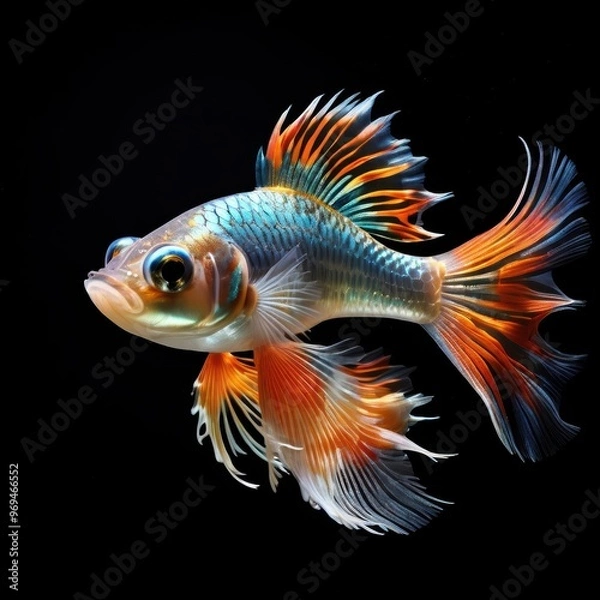 Obraz A vibrant, colorful fish with flowing fins swimming against a black background.