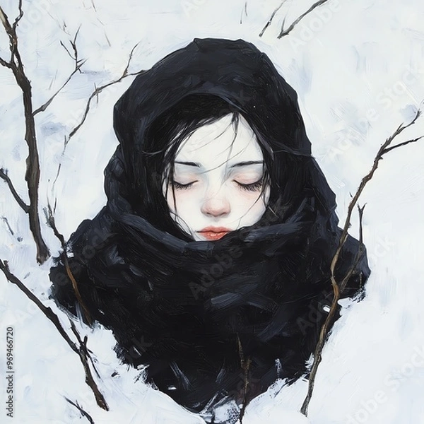 Obraz A serene portrait of a girl with closed eyes wrapped in a dark cloak amidst a snowy landscape and bare branches.