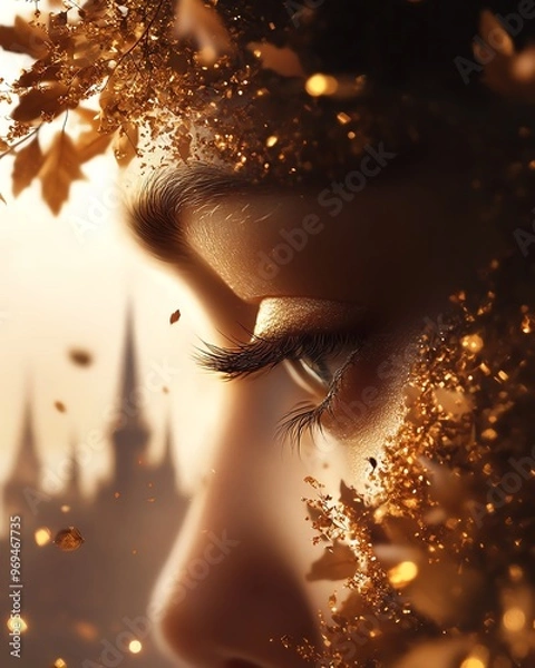 Obraz Close-up of a serene face adorned with golden leaves, evoking a fairy-tale atmosphere and soft bokeh lighting in the background.