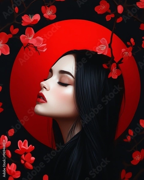 Obraz Elegant portrait of a woman with cherry blossoms and a red moon backdrop, evoking beauty and tranquility in an artistic composition.