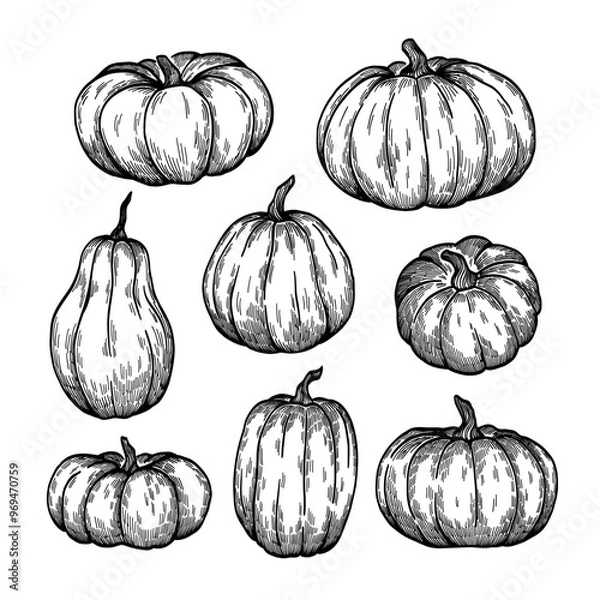 Obraz hand drawn line art pumpkin set