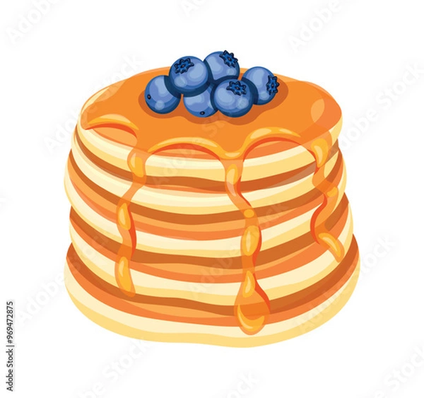 Obraz Delicious pancakes with fresh blueberries in a cartoon style. Vector illustration of fresh and fluffy pancakes drizzled with honey and blueberries isolated on a white background. American breakfast.