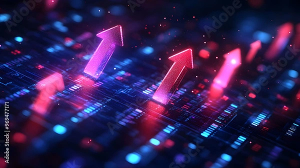 Fototapeta Abstract digital visualization of upward arrows indicating growth and progress.