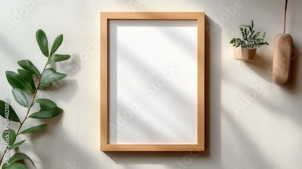 Fototapeta Minimalist wall decor featuring a blank wooden frame, ideal for showcasing art or photography in modern interiors.