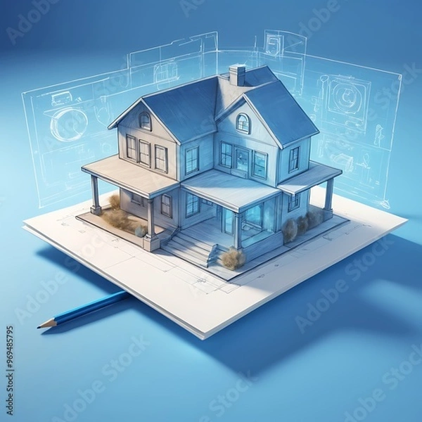 Obraz Holographic 3D Smart House on Blue Background