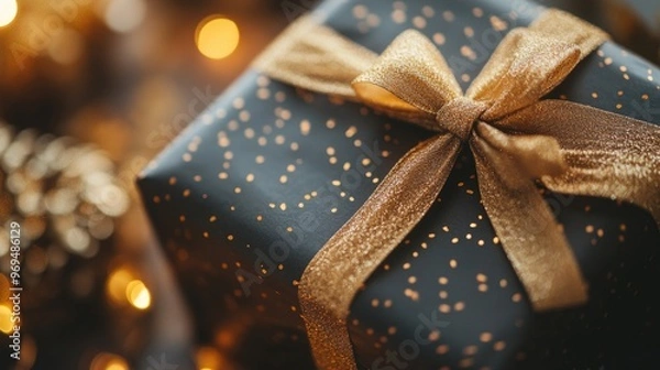Fototapeta A close-up of a beautifully wrapped Christmas gift with gold ribbon, with an open area on the side for adding festive text or marketing copy.