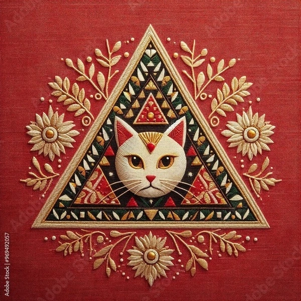 Fototapeta Texture sur tissu en lin bordeau avec jolie designes brodée de chats.