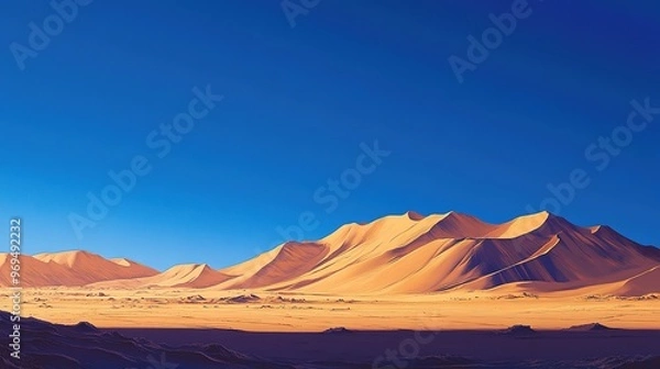 Fototapeta A panoramic view of a desert landscape with towering sand dunes under a deep blue sky
