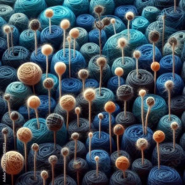 Fototapeta Texture bleu avec des fils en laine formée ronde.