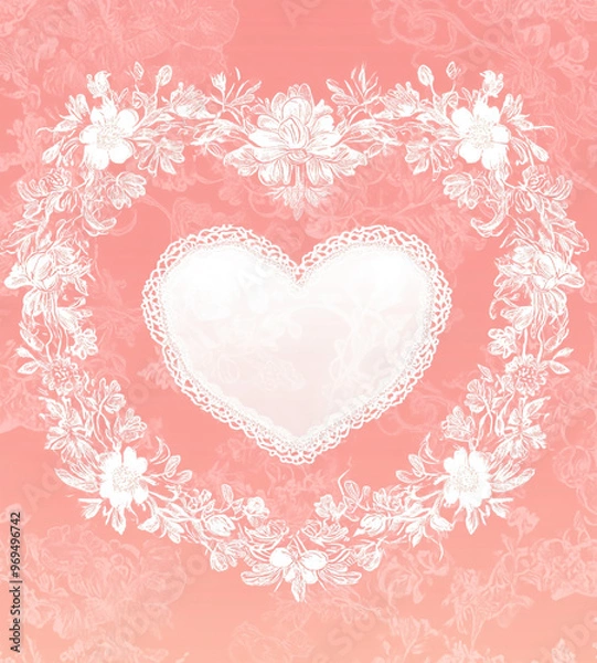 Fototapeta A illustration pink lace background with a white heart shape in the middle, surrounded by flowers and lace around the edge of the card.