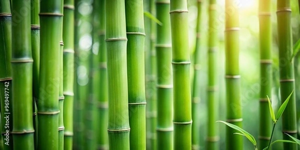 Fototapeta Soothing natural background featuring a dense layer of elegant green bamboo stalks with subtle texture and blurred