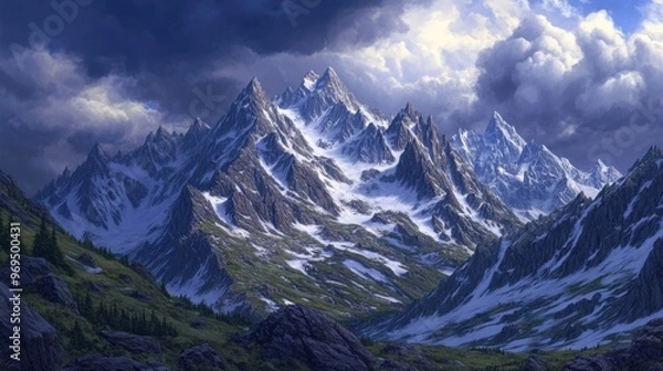 Fototapeta A dramatic mountain range with jagged peaks and rocky ridges, partially covered in snow with a stormy sky overhead.