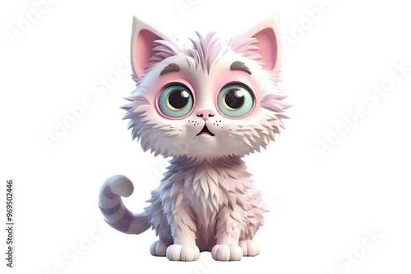 Fototapeta Cartoon cat, full body, 3D, cute, isolated on white background, fluffy texture, oversized eyes, quirky expression, pastel color palette