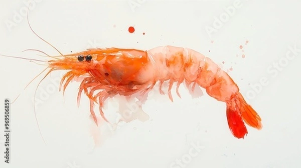 Fototapeta Vibrant Orange Shrimp on White Canvas, a delicately rendered watercolor illustration showcasing the intricate details and textures of a single shrimp against a pristine backdrop.