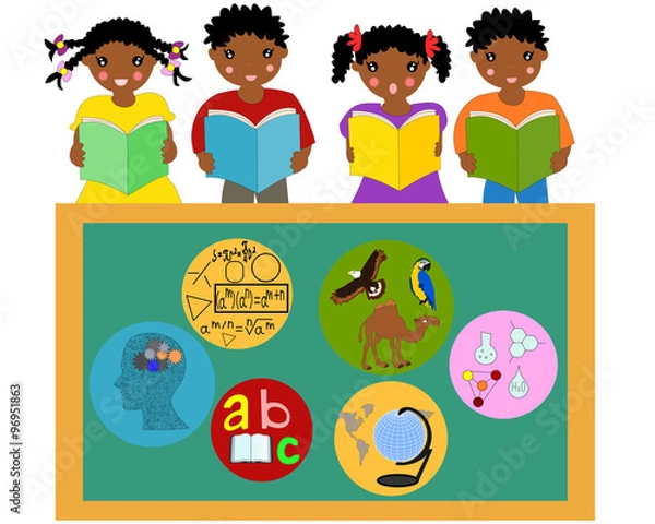 Obraz African-American children with books in their hands near a schoo