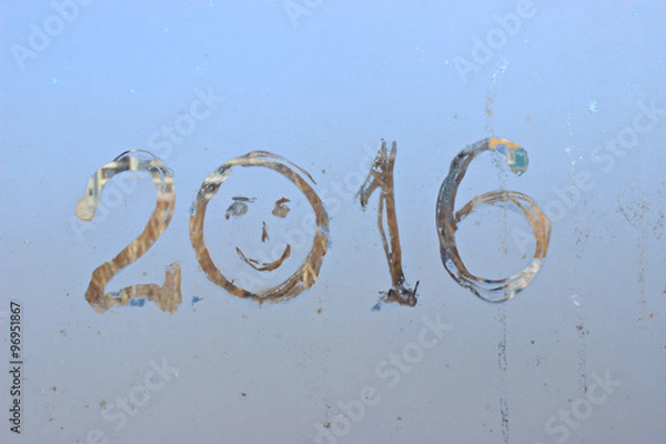 Fototapeta "2016" written on frosty winter window.