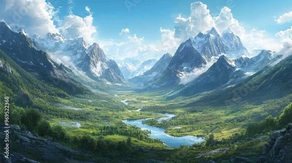 Fototapeta A panoramic view of a vast mountain valley with a river meandering through it, surrounded by towering peaks.