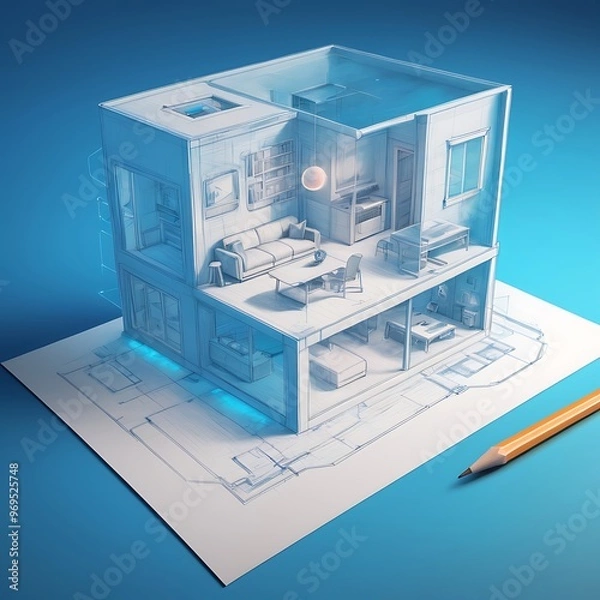 Obraz Holographic 3D Smart House on Blue Background