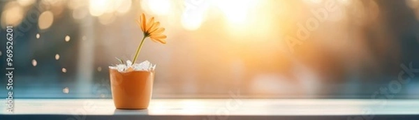Fototapeta A vibrant flower in a pot, basking in warm sunlight, symbolizing beauty and freshness on a serene windowsill.