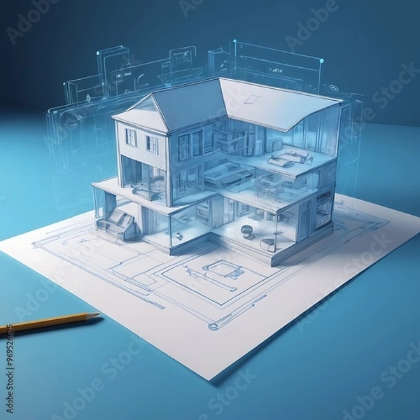 Obraz Holographic 3D Smart House on Blue Background