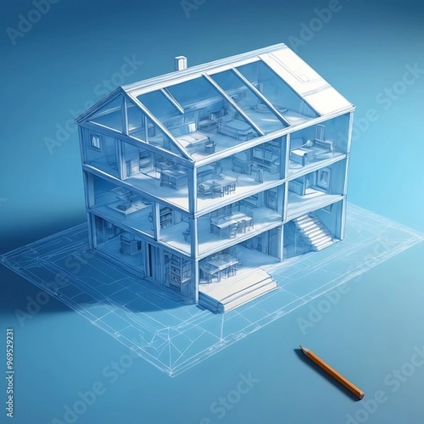 Obraz Holographic 3D Smart House on Blue Background