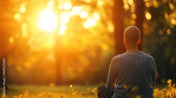 Fototapeta A serene moment captured during sunset, featuring a person meditating in nature, surrounded by soft golden light and tranquility.