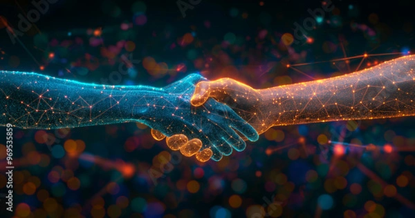 Fototapeta Virtual collaboration symbolized by two hands.