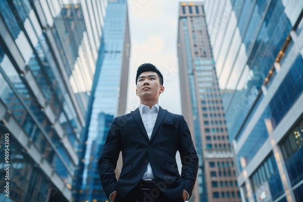 Fototapeta Well-groomed, rich Chinese young man in full height in an expensive suit against the background of blurry skyscrapers, view from below.
