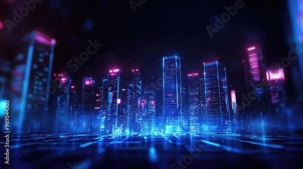 Fototapeta Futuristic city skyline illuminated with vibrant neon lights, showcasing modern architecture in a digital landscape.