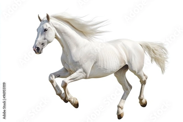 Obraz White horse with long mane run free gallop isolated on white