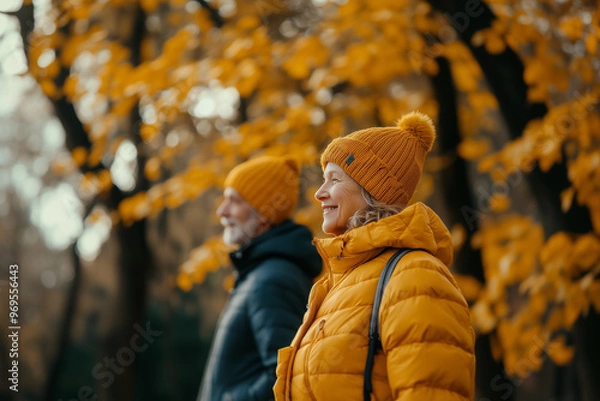 Fototapeta Elderly pair man and woman on the fall walk in the wood or park, orange earth tones and trees at the background, caps on the head. 