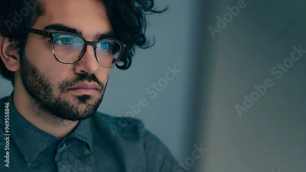 Obraz Focused and Efficient Young Latin Programmer Wearing Glasses, Immersed in Coding and Software Development