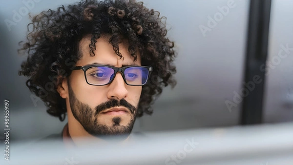 Obraz Attentive smart busy young latin business man software developer engineer programmer wearing glasses with reflection looking at computer screen developing code, programming concept, copy space