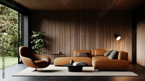 Fototapeta Stylish modern living room featuring a cozy brown sofa, elegant decor, and large windows that overlook a lush garden.