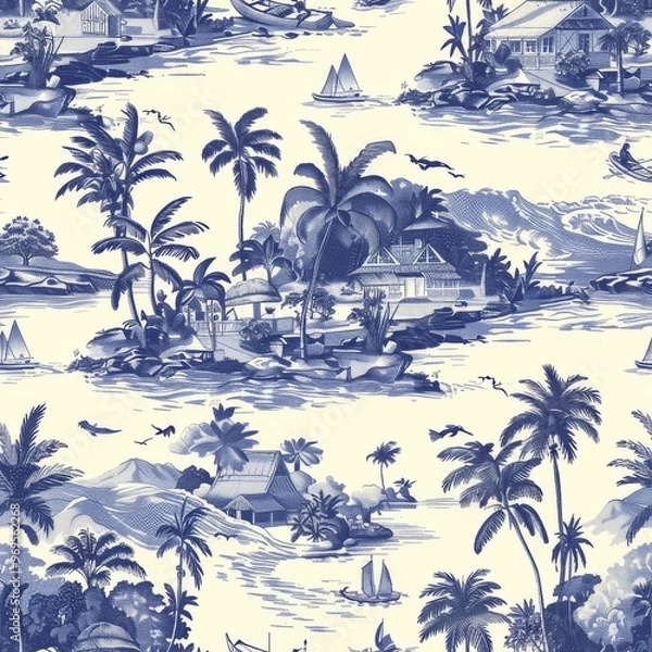 Fototapeta Seamless vintage tropical island pattern with palm trees, houses, and boats in classic blue and white color scheme.