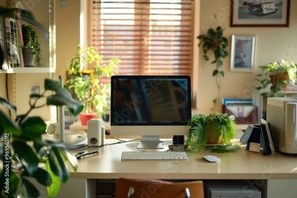 Fototapeta Modern Office Workspace With Laptop Desktop and Plants