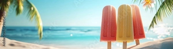 Obraz Vibrant popsicles on sandy beach with ocean view, perfect for summer fun and refreshing treats under the palm trees.