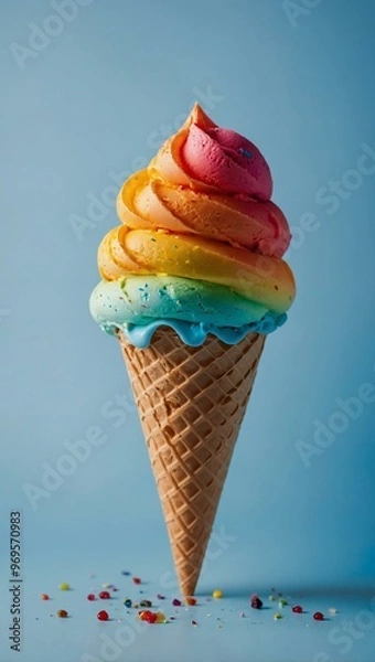 Fototapeta Colorful rainbow ice cream cone placed against a soft blue background