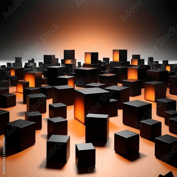 Fototapeta Artistic image of 3D black cubes with selective orange lighting that gives a sense of mystery and innovation
