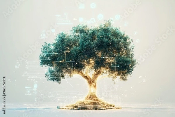 Obraz A futuristic tree symbolizing growth and technology, merging nature with digital connections in a serene environment.