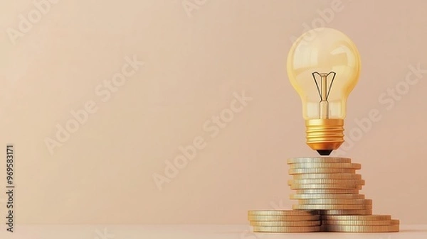 Fototapeta Stacked coins with lightbulb, financial growth and innovation, 3D illustration