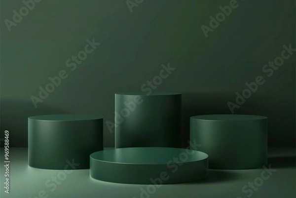 Obraz Dark Green Minimalist 3D Podium Display - Elegant Product Showcase Stand with Cylindrical Platforms