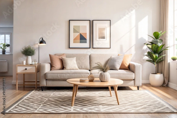 Fototapeta Contemporary Living Room Design, A Chic Space with Minimalist Furniture, Geometric Patterns, and Lush Greenery, Ideal for Relaxation and Modern Home Inspiration.