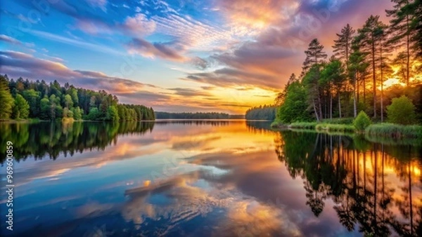 Fototapeta Tranquil sunset over a calm lake surrounded by trees , peaceful, serene, nature, reflection, water, dusk, twilight