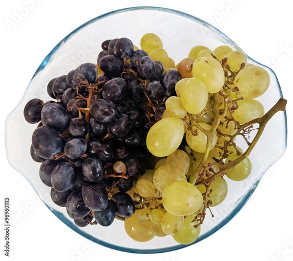 Fototapeta Studio shot of bunch of black and white grapes in the transparent glass bowl, isolated on white background, top view, high resolution stock image.