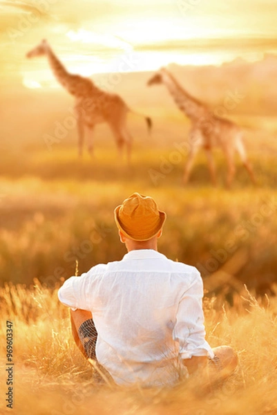 Obraz Tourist dreams with wild giraffes. Safari in wild Africa. Fantastic summer image. Imagination image.